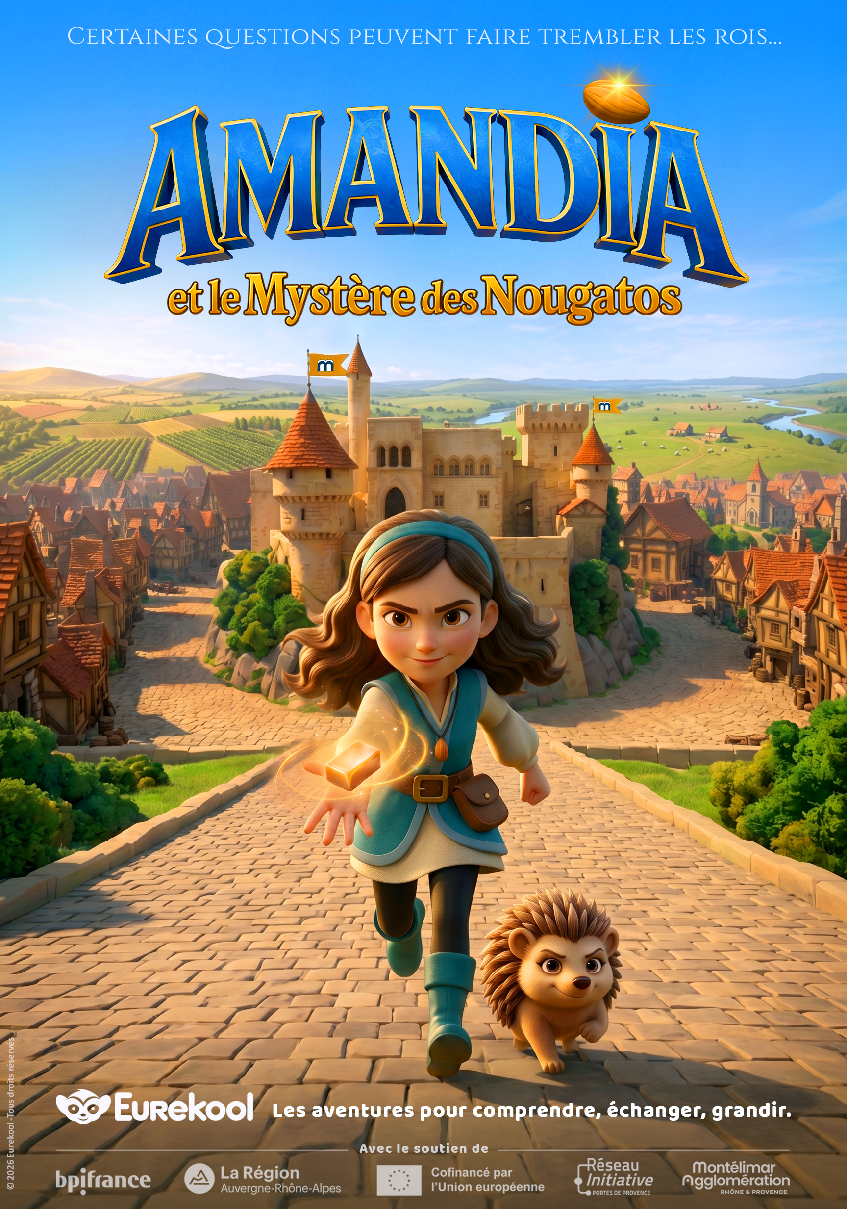 Affiche officielle Eurekool de l’univers « Amandia et le Mystère des Nougatos », présentant Amandia et les personnages de l’aventure dans leur univers illustré.
