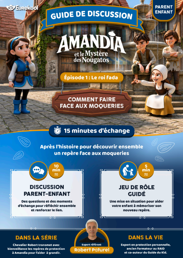 Couverture du guide de discussion parent-enfant Eurekool « Amandia et le Mystère des Nougatos », épisode 1, consacré aux moqueries.