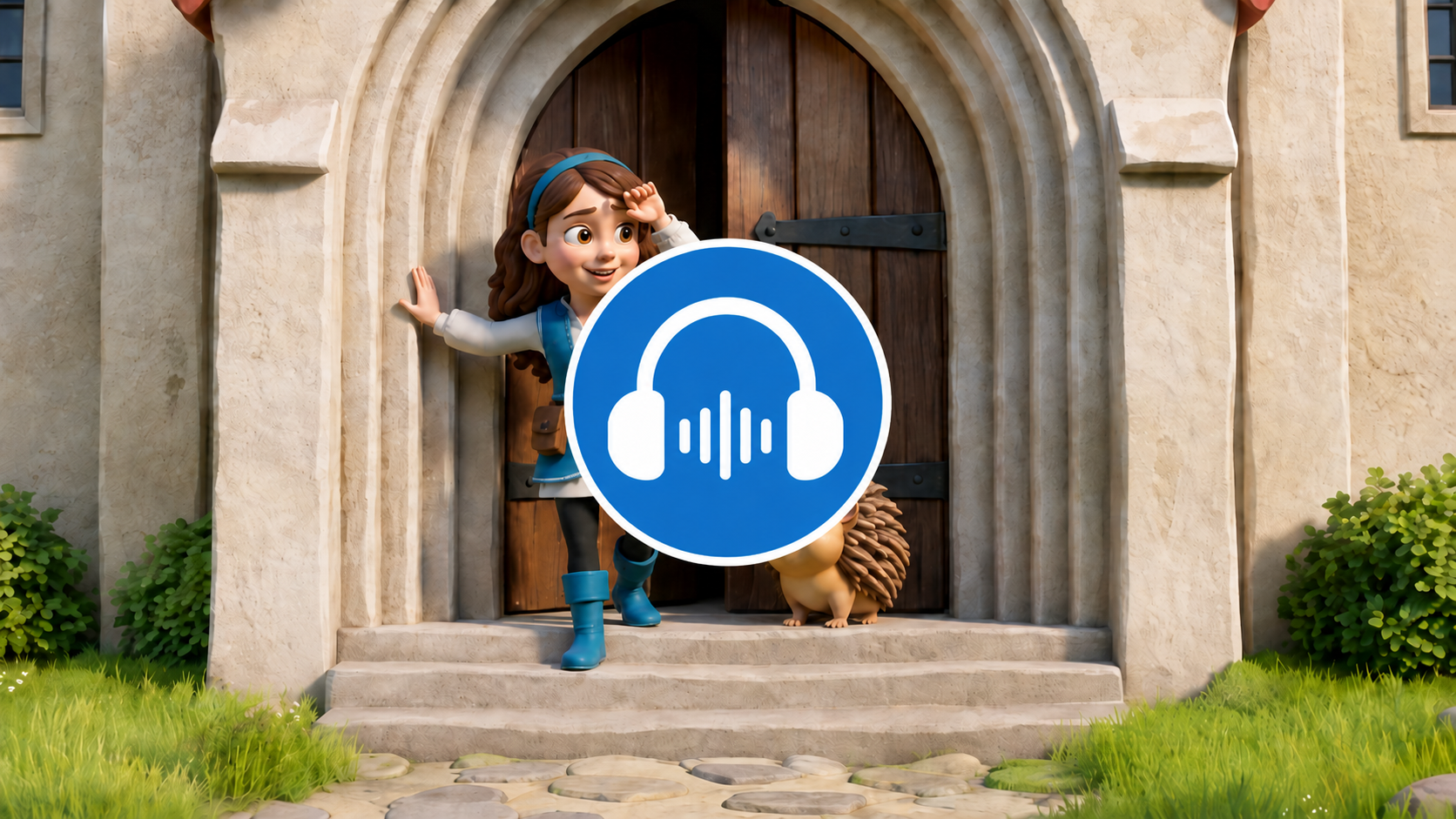 Amandia et Prudence devant l’entrée d’une abbaye, avec un pictogramme de casque audio illustrant l’histoire audio « Amandia et le Mystère des Nougatos ».