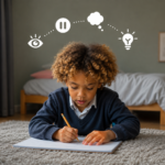 Enfant concentré sur une activité Eurekool, entouré de pictogrammes symbolisant l’observation, la pause, la réflexion et la compréhension.