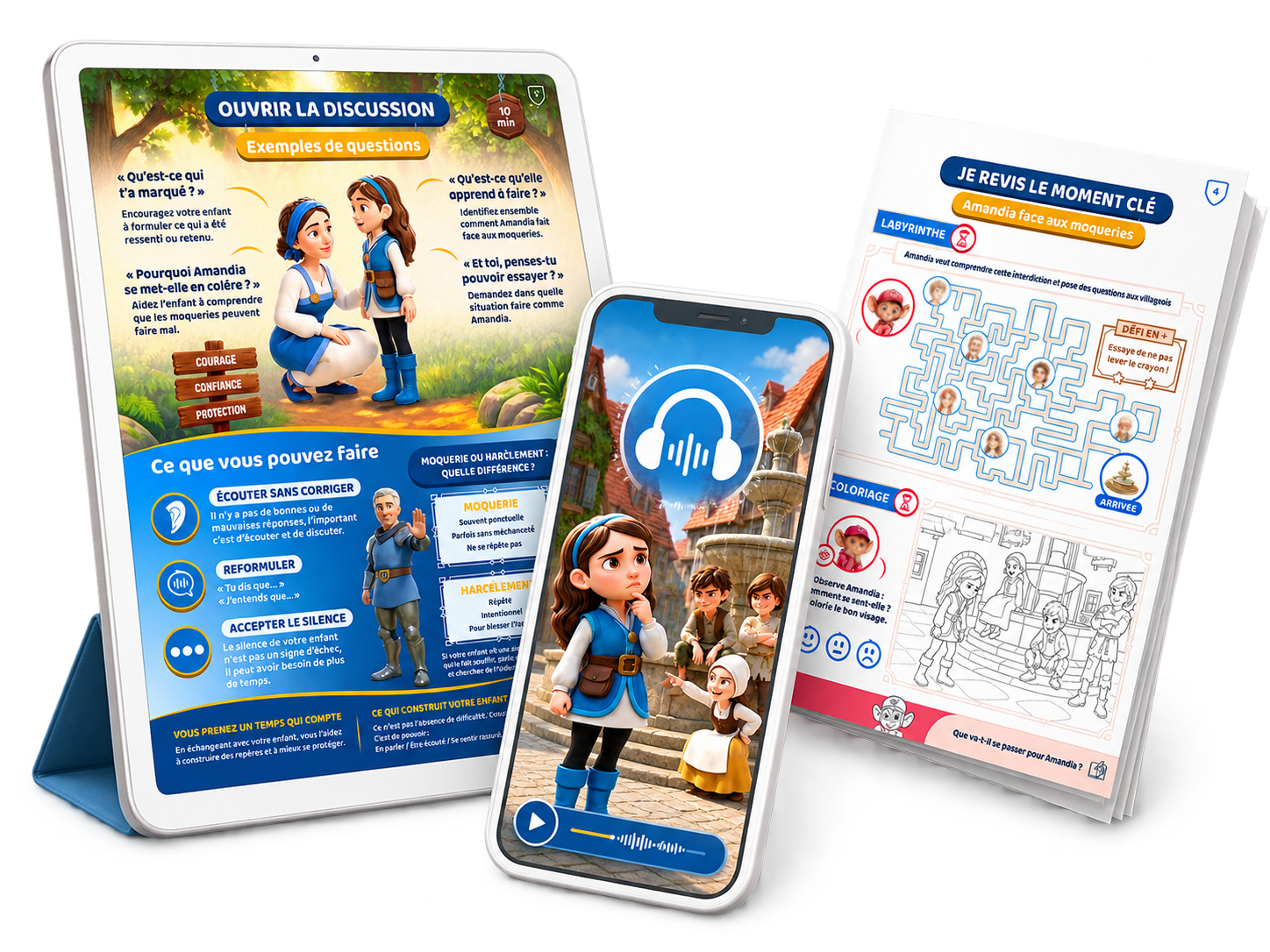Visuel produit d’un kit éducatif pour enfants : smartphone avec histoire audio illustrée, tablette avec guide de discussion et livret d’activités imprimé autour du thème des moqueries.