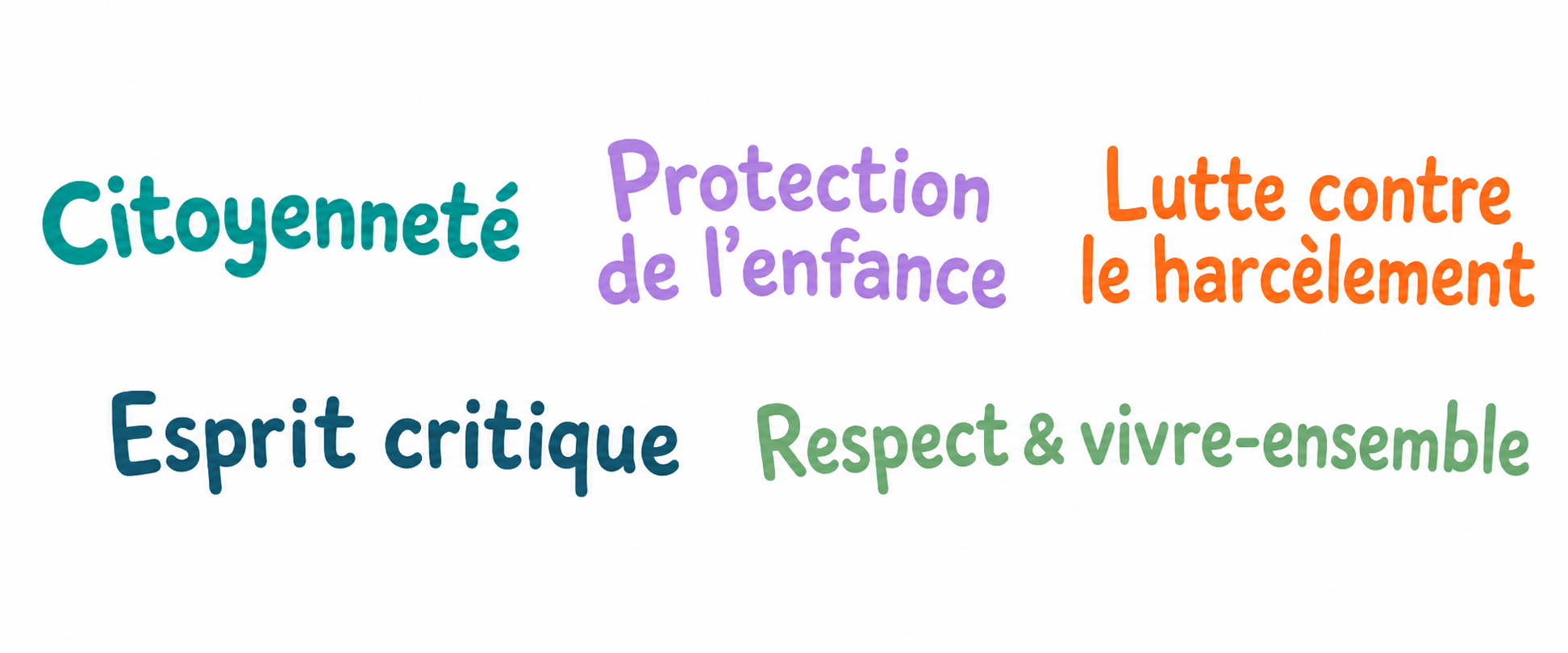 Illustration typographique avec les mots Citoyenneté, Protection de l’enfance, Lutte contre le harcèlement, Esprit critique et Respect & vivre-ensemble en couleurs pastel.