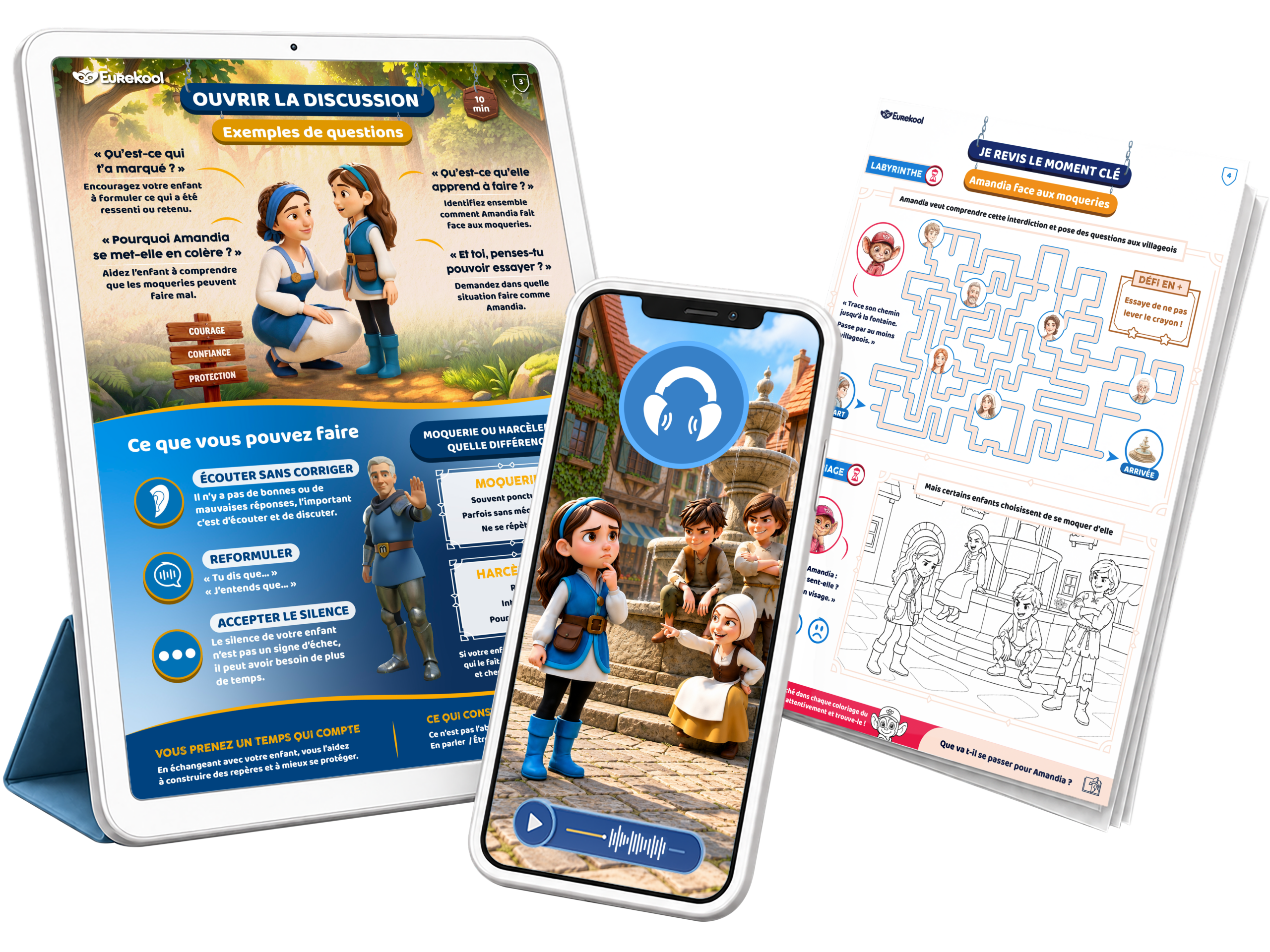 Visuel produit d’un kit éducatif pour enfants : smartphone avec histoire audio illustrée, tablette avec guide de discussion et livret d’activités imprimé autour du thème des moqueries.